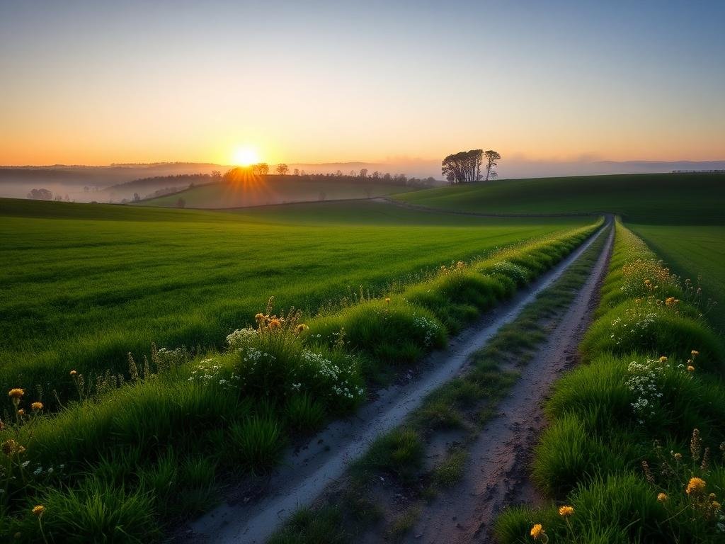 Sunrise over the farm's pasture and dirt road