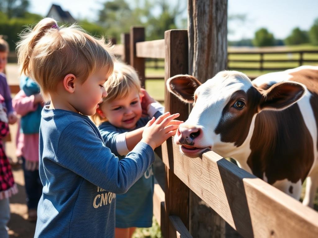 Children petting a calf during a farm tour